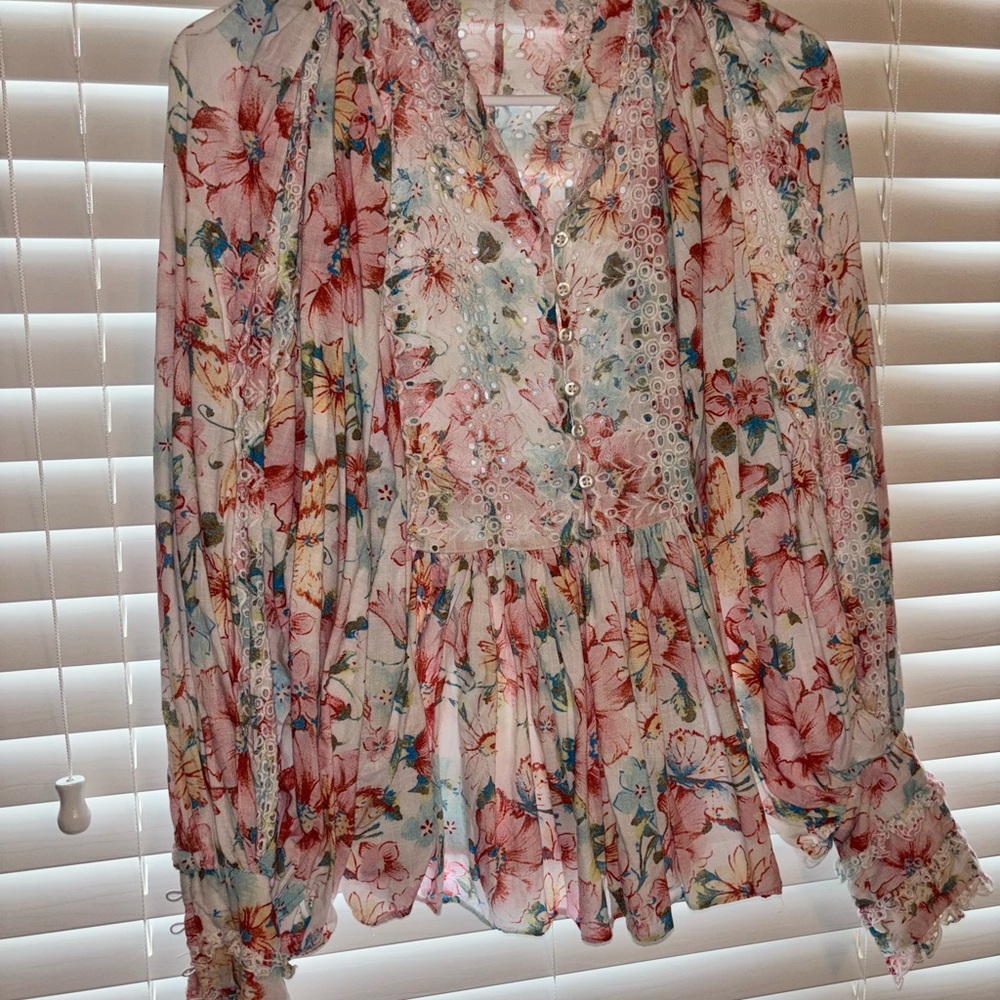 Romantic Pink Floral Button-Front Peplum Blouse
